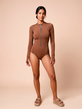 Ladda in bilden i gallerivisningen, Gallery: Uv Line Badeanzug Long Sleeve Swimsuit Macae Brown Upf50+