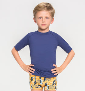 Model Front: Uv Line Rashguard Kids Fpu50+ Uvpro Short Sleeve T-Shirt Navy Blue Uv