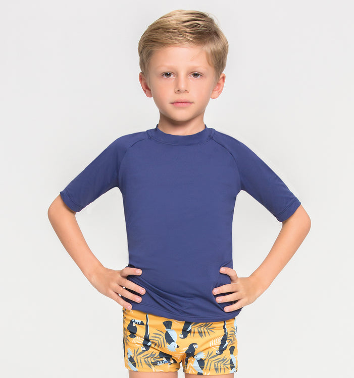 Model Front: Uv Line Rashguard Kids Fpu50+ Uvpro Short Sleeve T-Shirt Navy Blue Uv