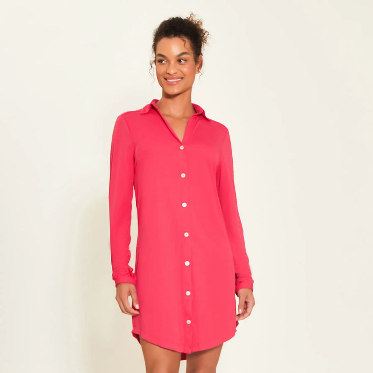 Model Front: Uv Line Strandkleid Shirtdress Copenhagen Pink Upf50+
